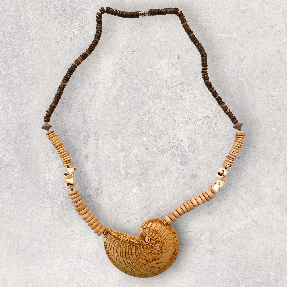 Rare Ethnic Shell Wood Bead Necklace